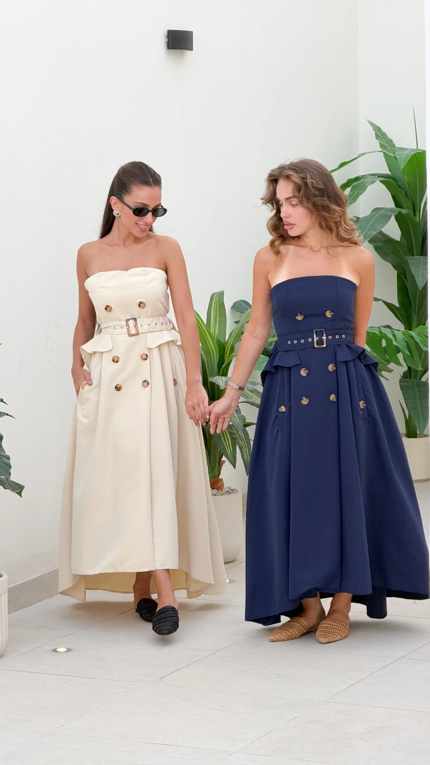 Double Strapless Belted Dress — Beige