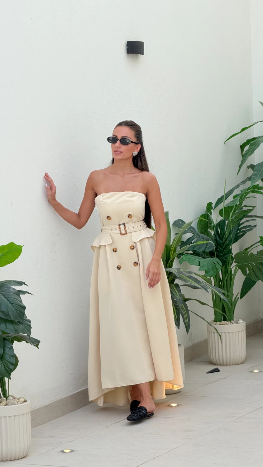 Double Strapless Belted Dress — Beige