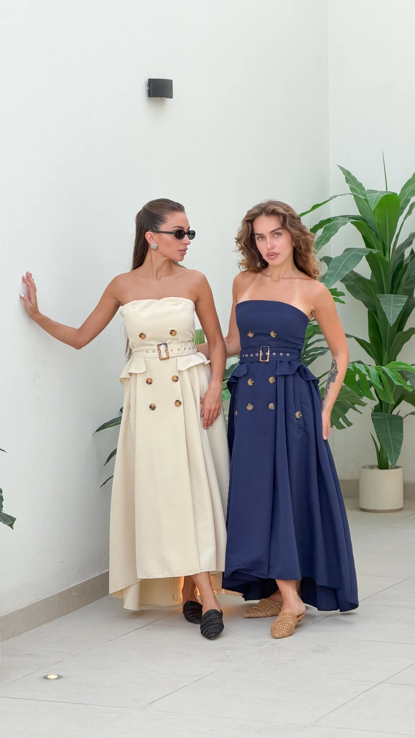 Double Strapless Belted Dress — Beige