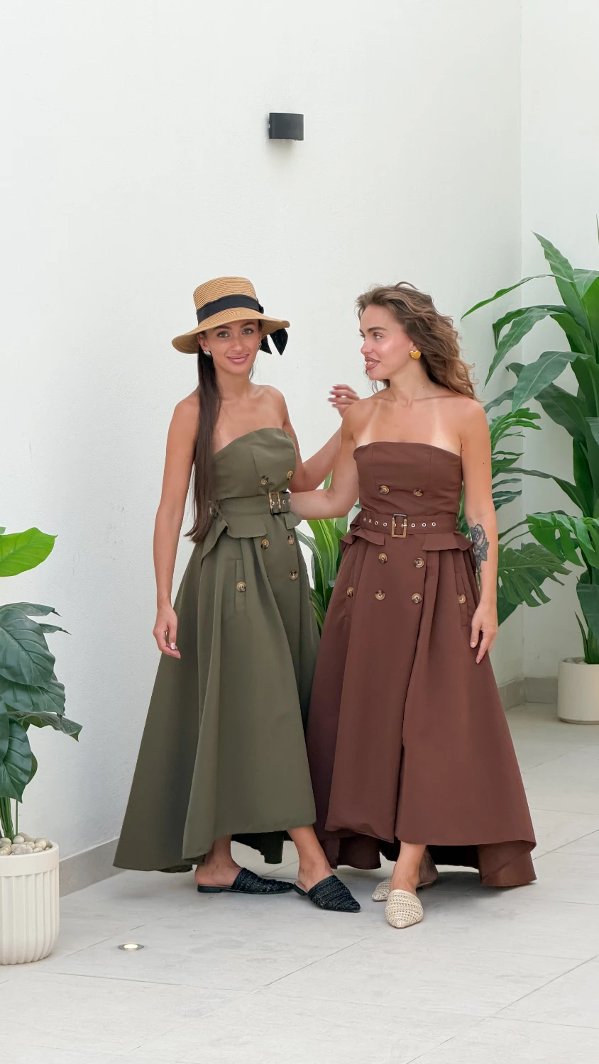 Double Strapless Belted Dress — Brown
