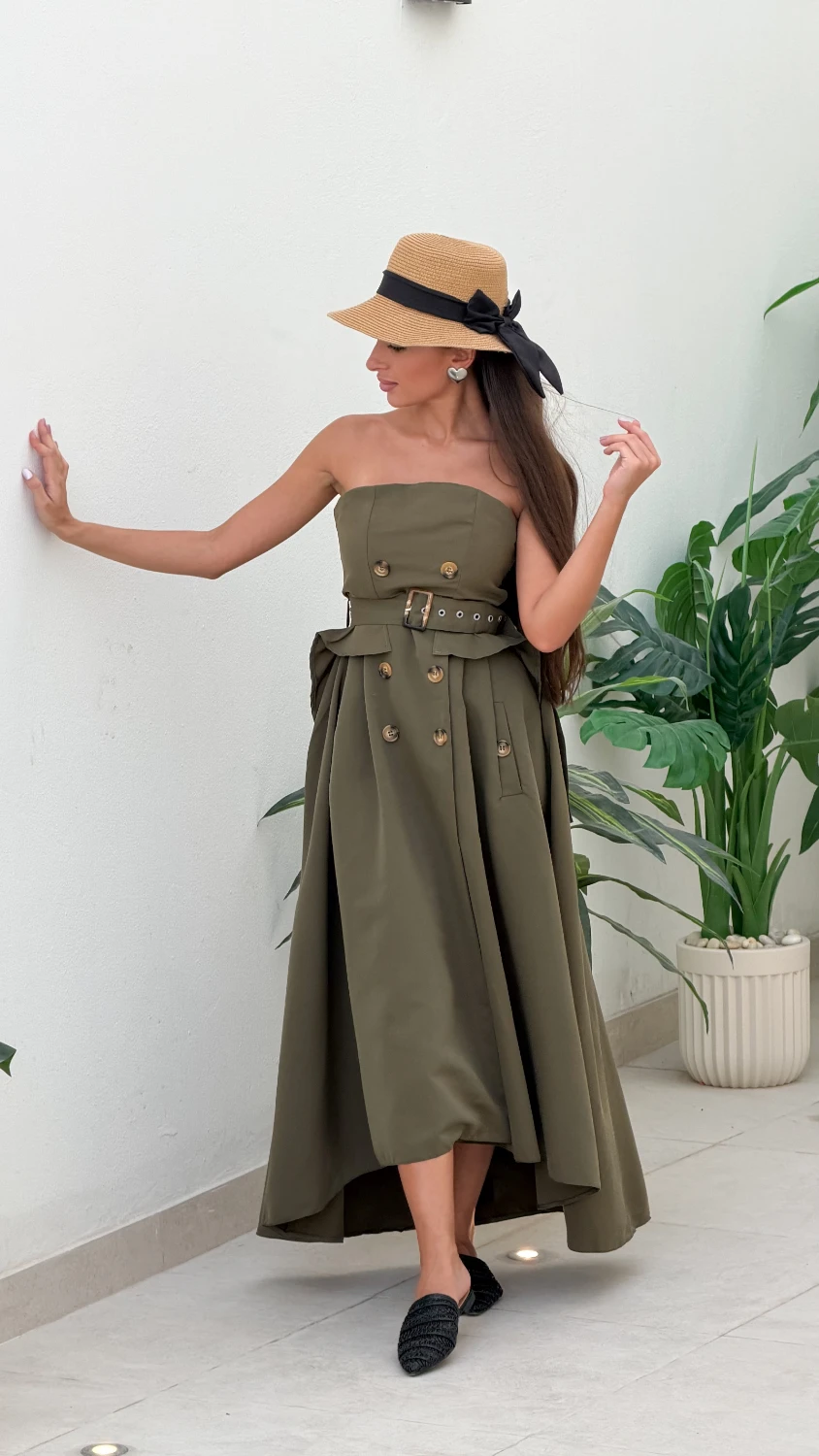 Double Strapless Belted Dress — Green