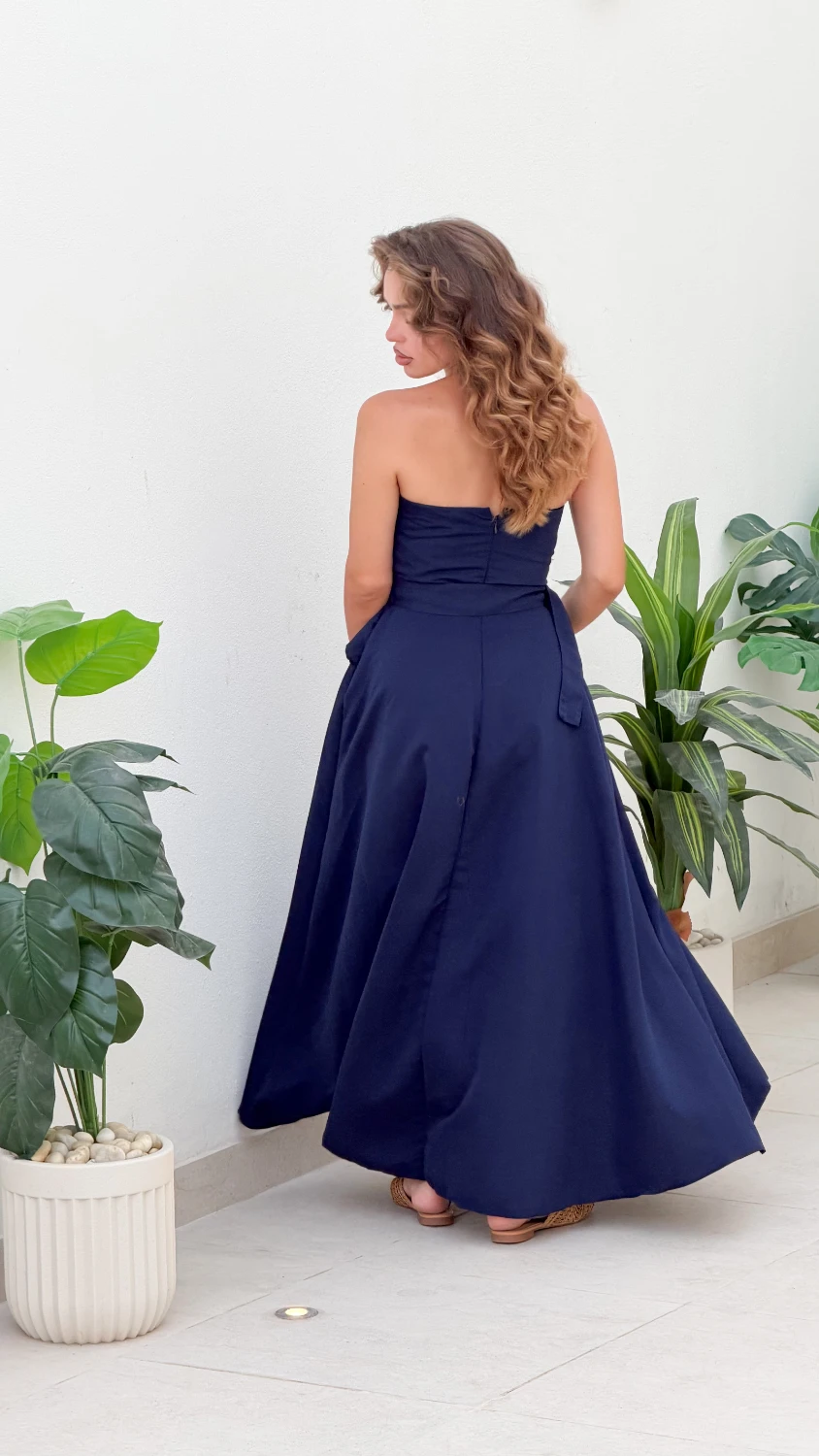 Double Strapless Belted Dress — Navy