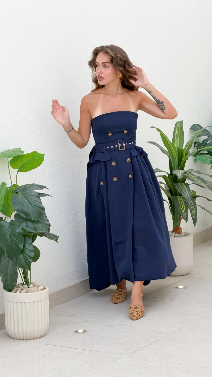 Double Strapless Belted Dress — Navy
