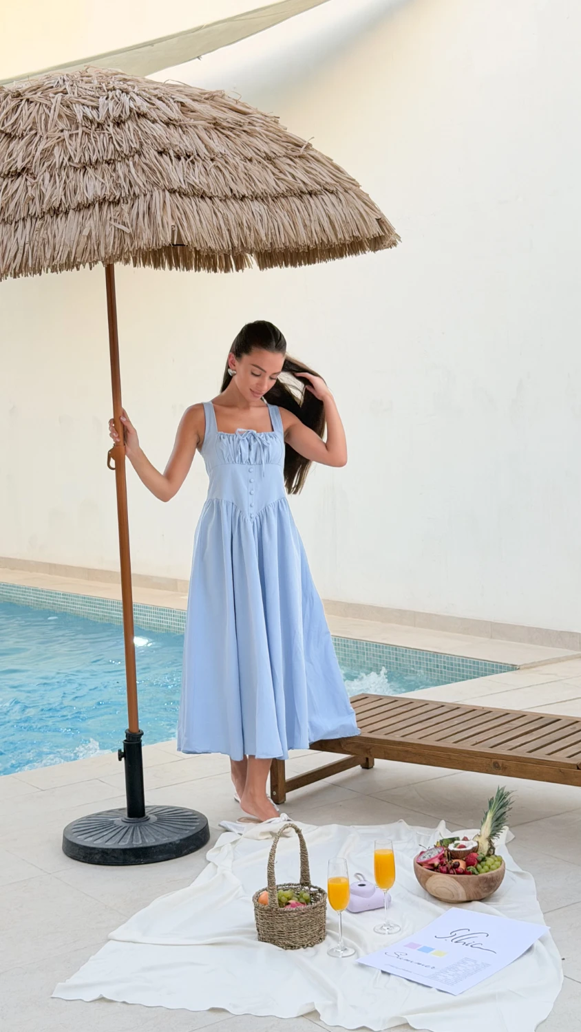 Tie-Front Ruched Maxi Dress — Blue