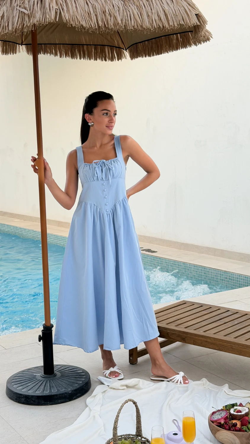 Tie-Front Ruched Maxi Dress — Blue