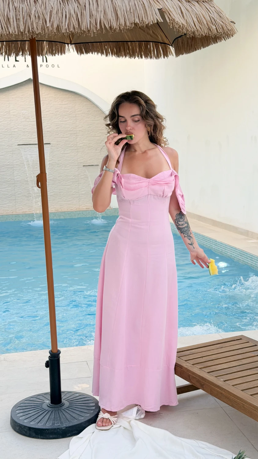 Ruffle-Strap Bustier Midi Dress — Pink