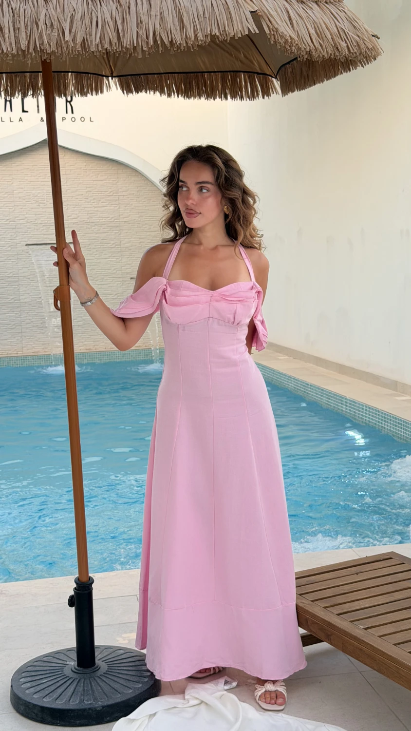 Ruffle-Strap Bustier Midi Dress — Pink