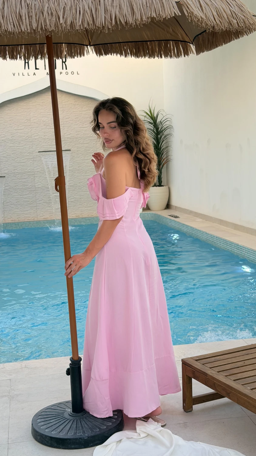 Ruffle-Strap Bustier Midi Dress — Pink