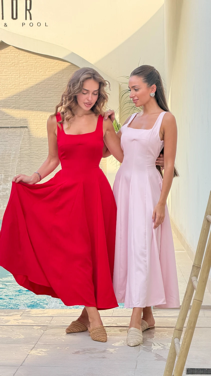 Square-Neck Sleeveless A-Line Dress — Red