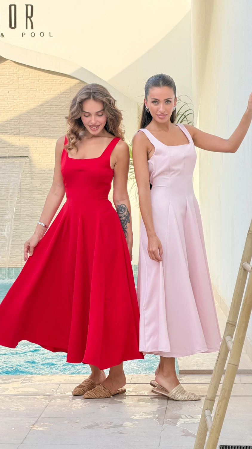 Square-Neck Sleeveless A-Line Dress — Red